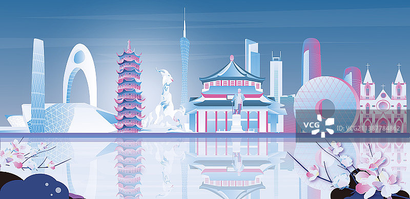 广州古代现代地标建筑群矢量插画粉紫色图片素材