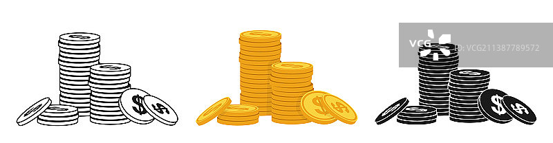 卡通金币堆或印章涂鸦轮廓合集图片素材