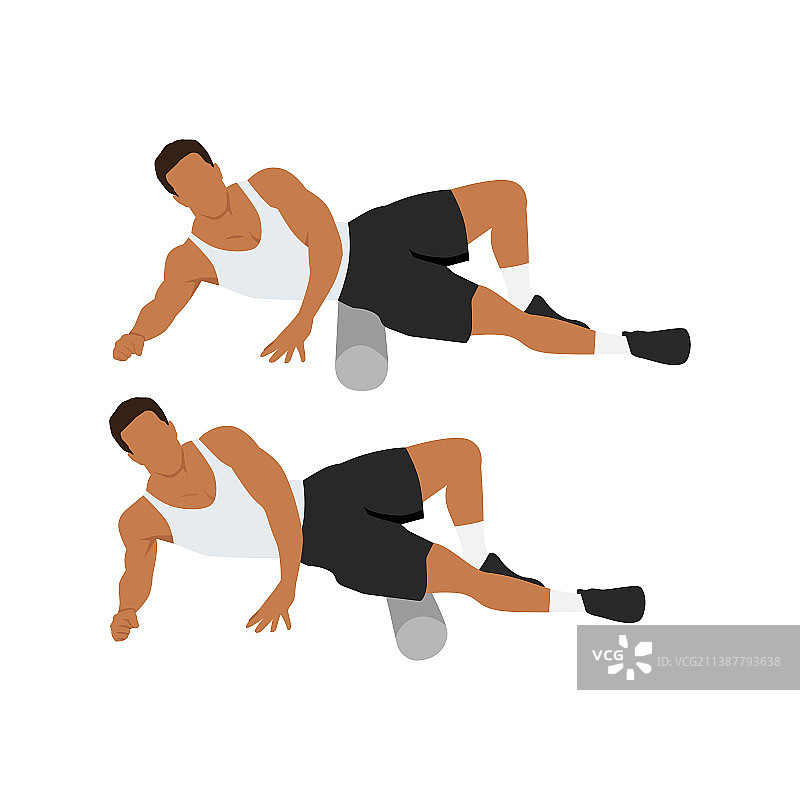 男人用泡沫轴拉伸大腿外侧图片素材