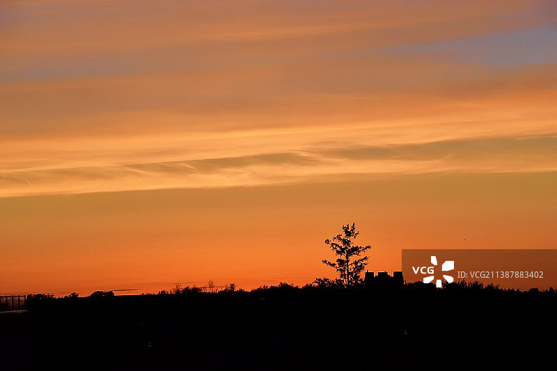 加拿大安大略省科林伍德日落时分以戏剧性天空为背景的树木剪影图片素材