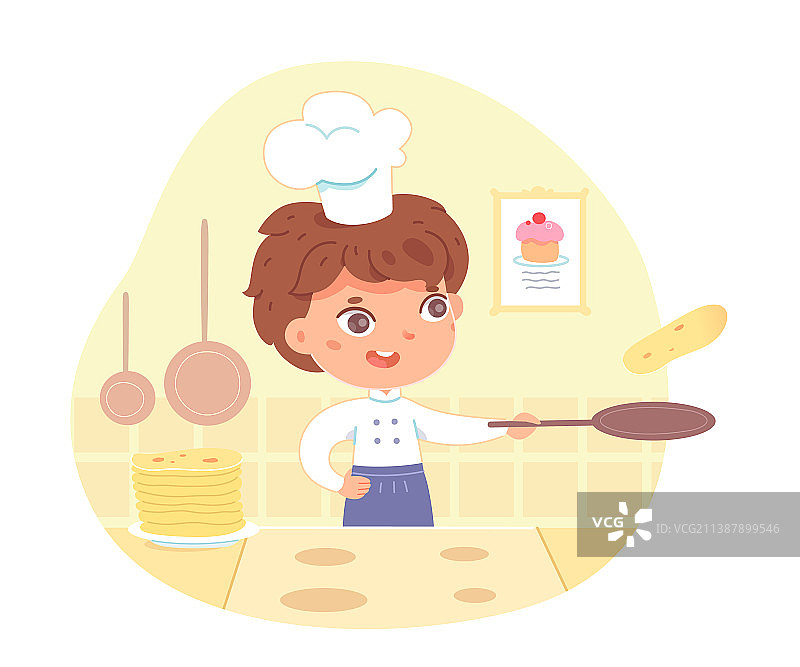 快乐的男孩在家用平底锅烹饪煎饼图片素材