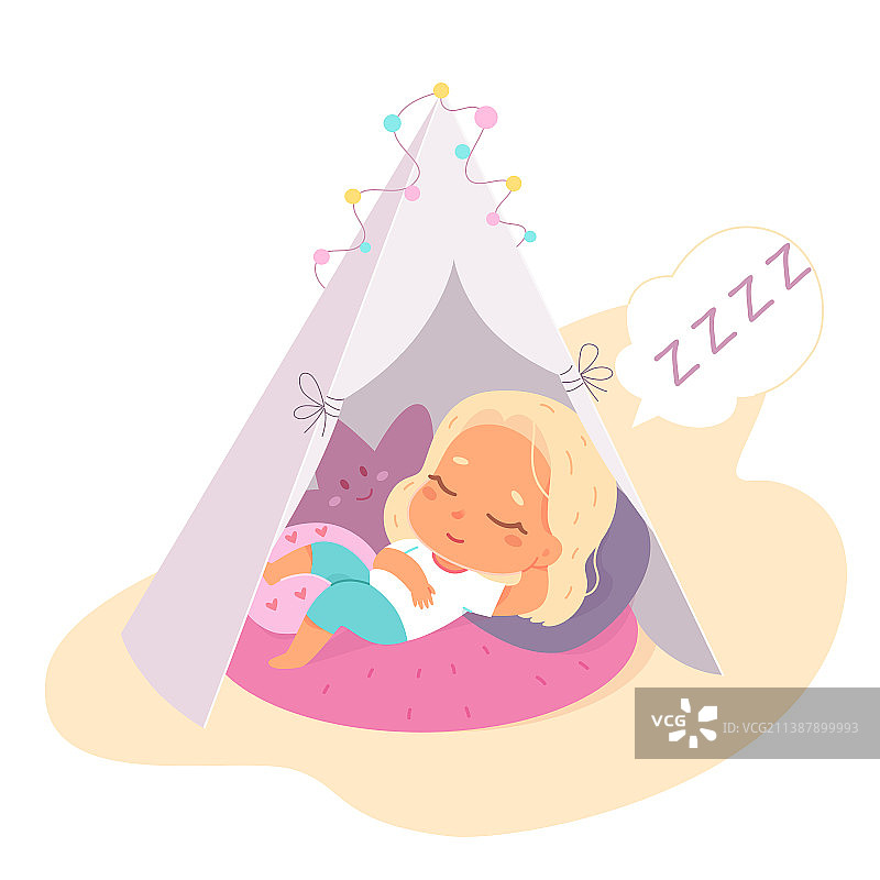 躺在自制帐篷里睡觉的可爱儿童图片素材