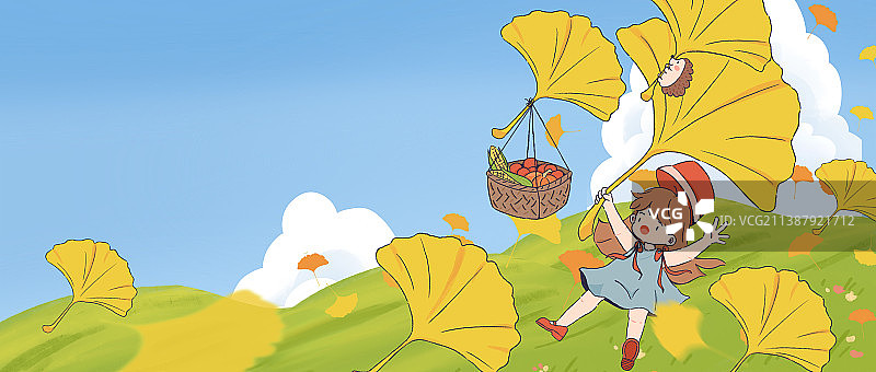 立秋节气小女孩抓着银杏叶在草地降落图片素材