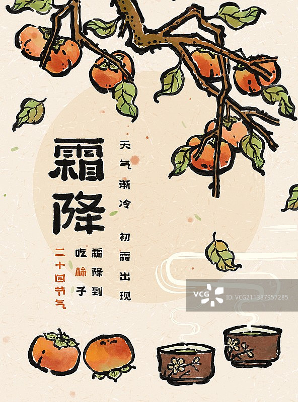 霜降节气-中国风写意挂满柿子的枝条和热茶图片素材