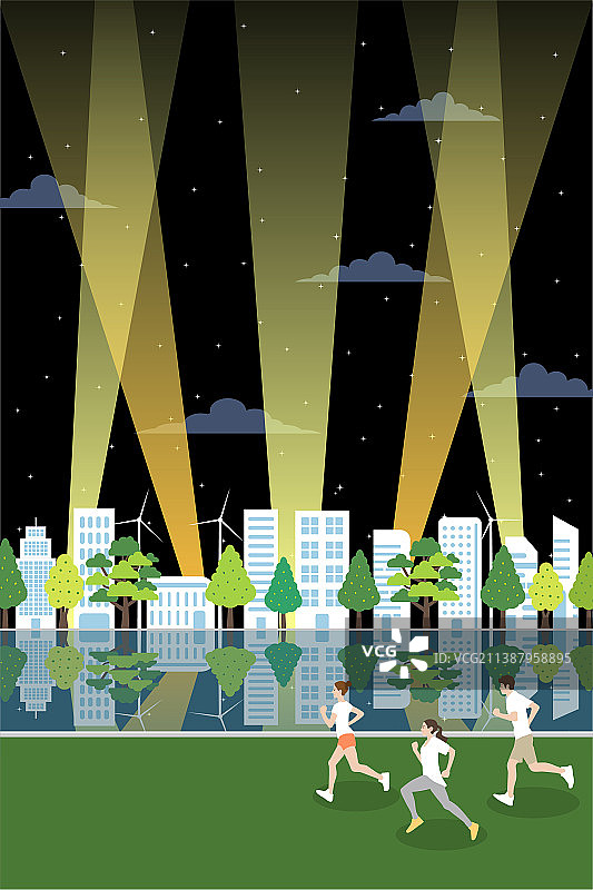 在夜幕下跑步的人们插画竖版图片素材