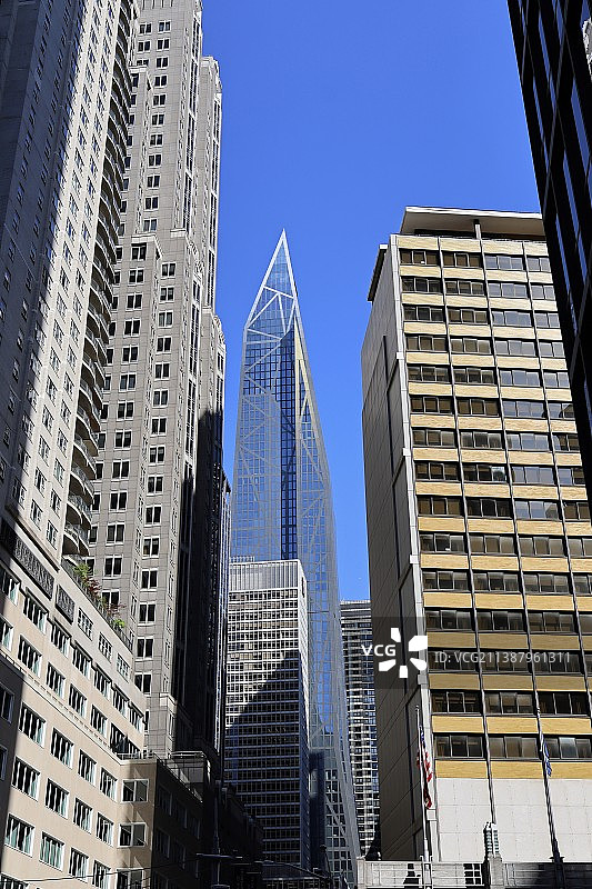 低角度拍摄：晴空下的现代建筑图片素材