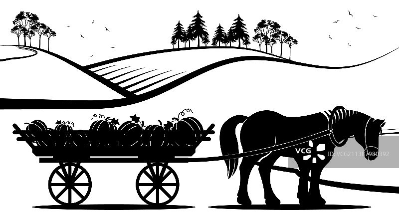 农业村庄景观与疲惫的马匹图片素材