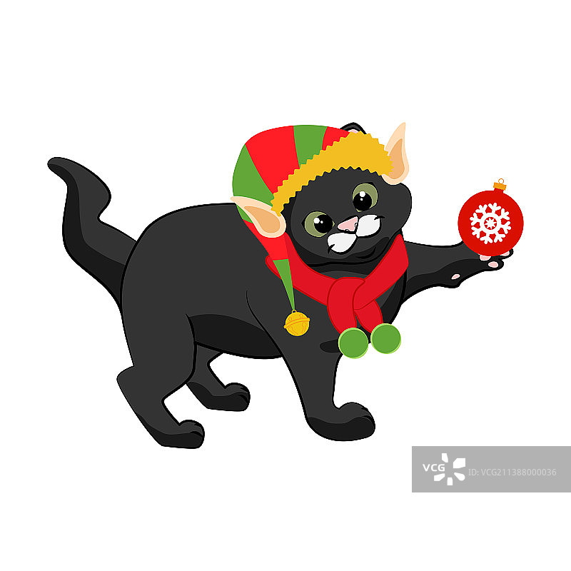 戴着圣诞精灵帽，拿着装饰品的猫图片素材