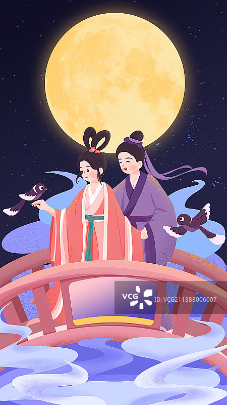 七夕节牛郎织女和喜鹊在桥上图片素材