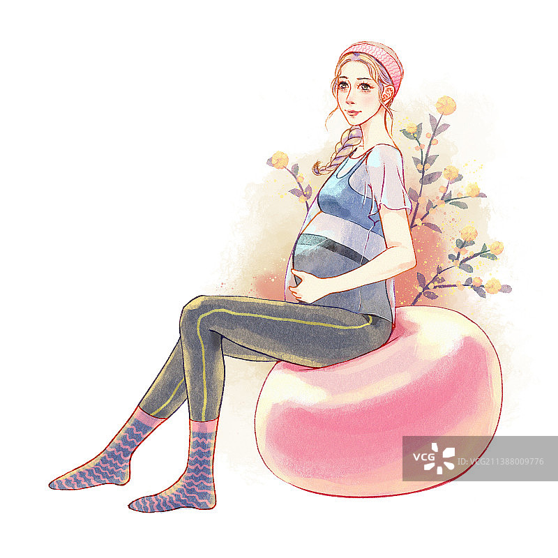 美丽怀孕女子做在瑜伽球上练瑜伽图片素材