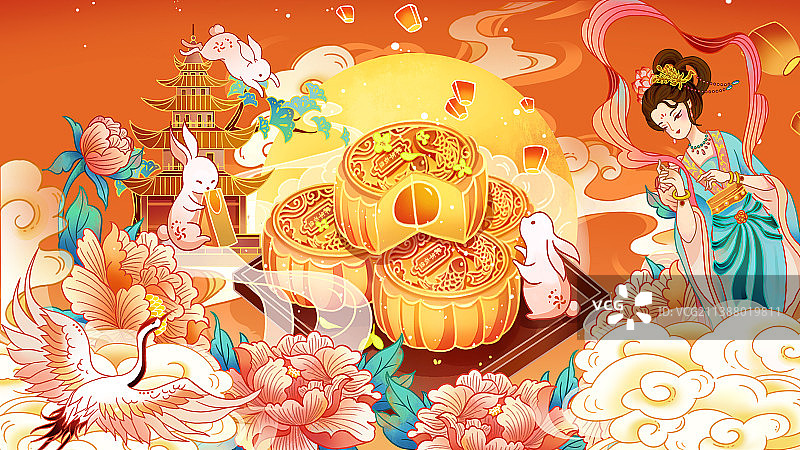 国风中秋兔年创意插画图片素材