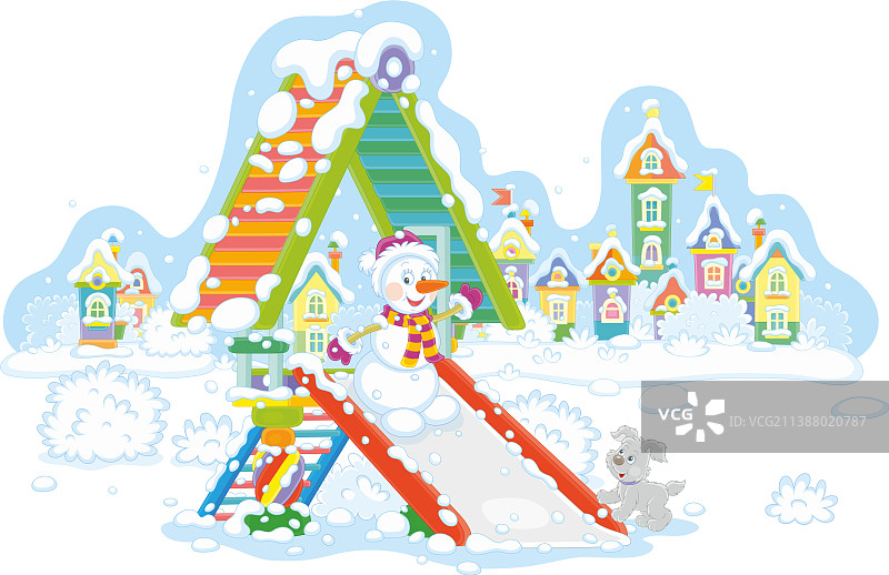 雪地公园滑梯上的雪人图片素材