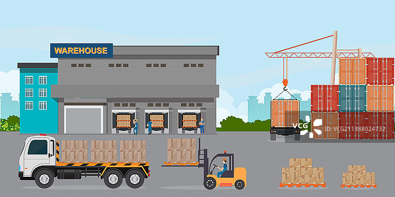 带仓库卡车工人的物流仓库图片素材