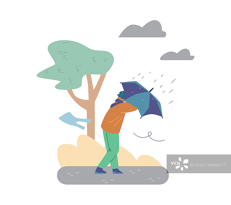 男人在多雨多风的秋天躲在伞下图片素材