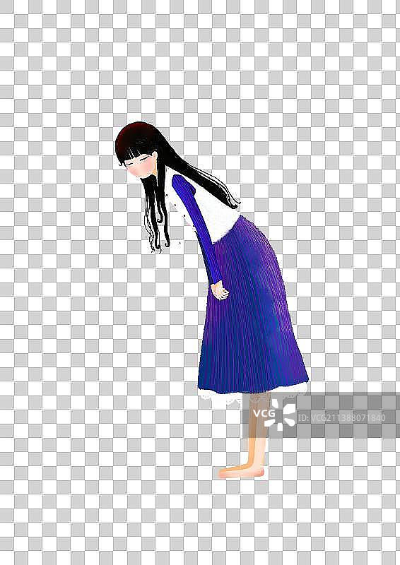 弯着腰的穿蓝色裙子的女人图片素材