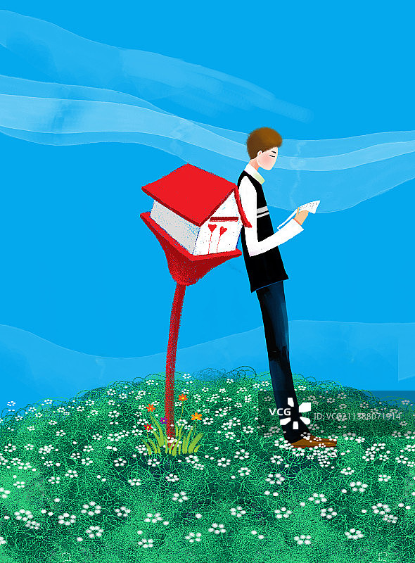 男人在户外信箱旁看信图片素材