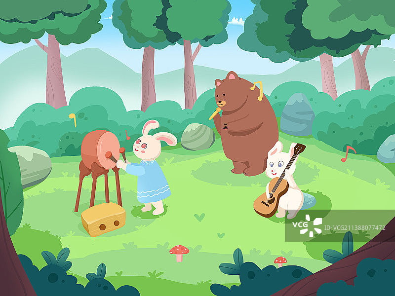 熊和兔子与其他动物在森林里举行音乐会图片素材