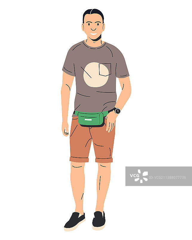 穿短裤T恤的腰包男图片素材