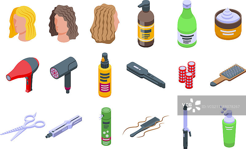 卷发护理图标等距套装，去头屑图片素材