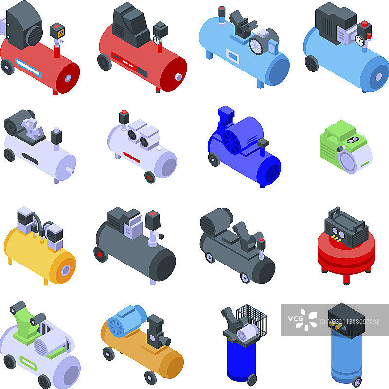 空气压缩机等距风格图标集图片素材