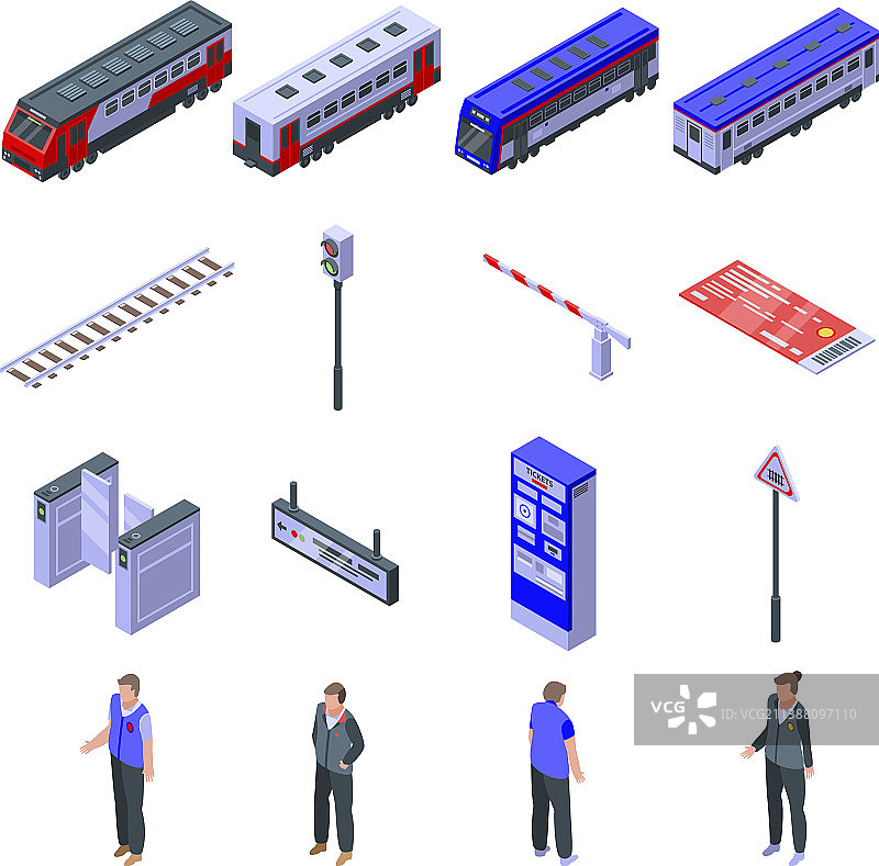 等距风格的电力火车司机图标集图片素材