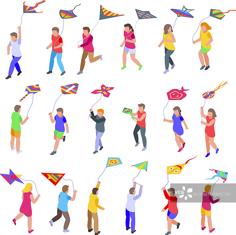 孩子们玩风筝图标集（2.5D风格）图片素材