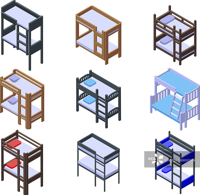 等距风格的双层床图标集图片素材