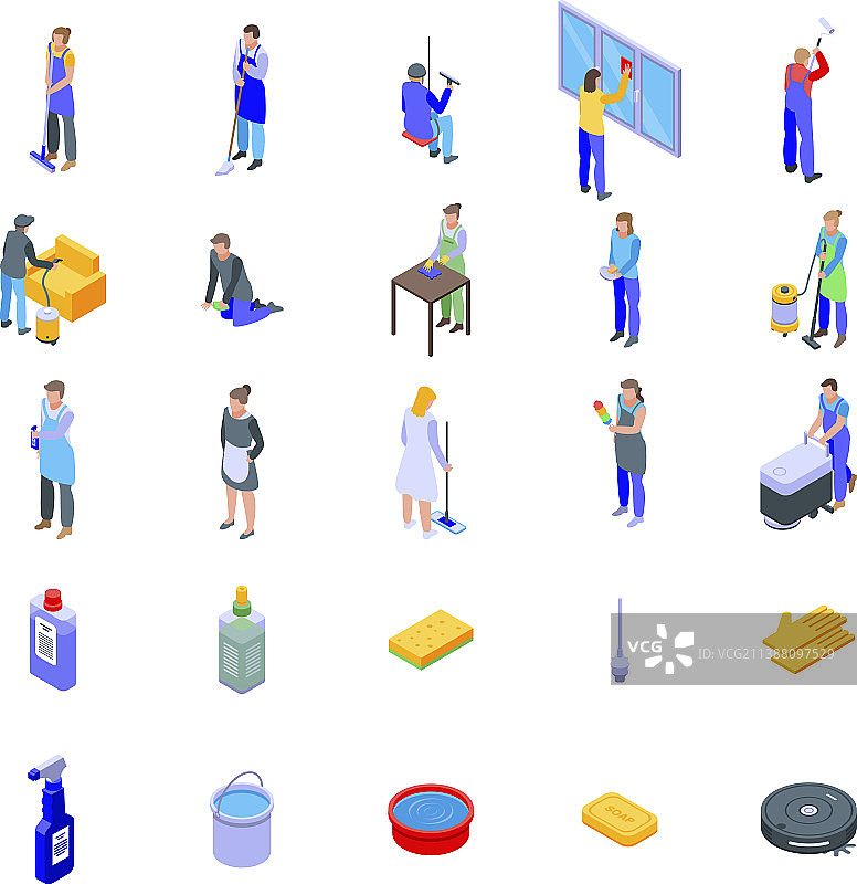 清洁服务等距风格图标集图片素材
