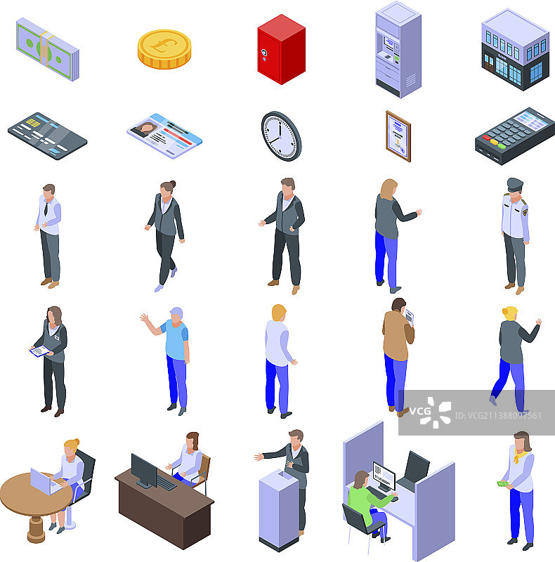 银行柜员图标等距集合图片素材
