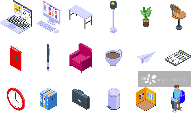 家庭办公室等距风格图标集图片素材