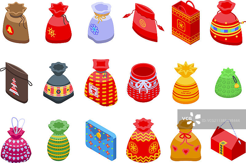 等距风格的幸运袋图标集图片素材
