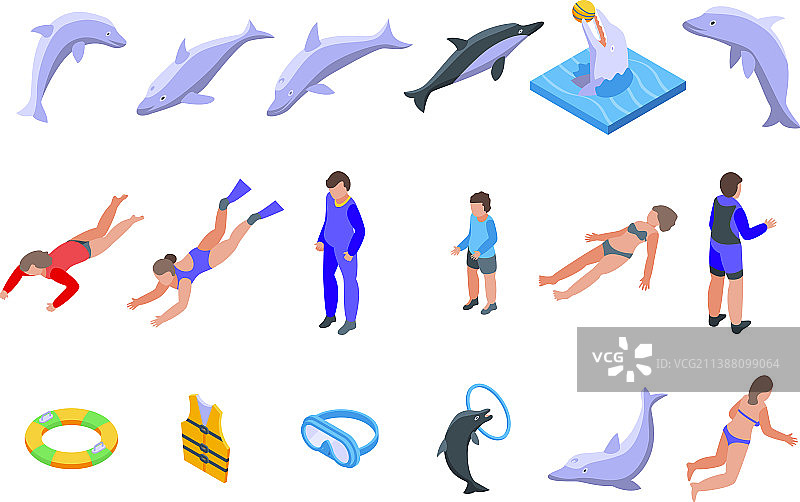 与海豚游泳图标集2.5D风格图片素材