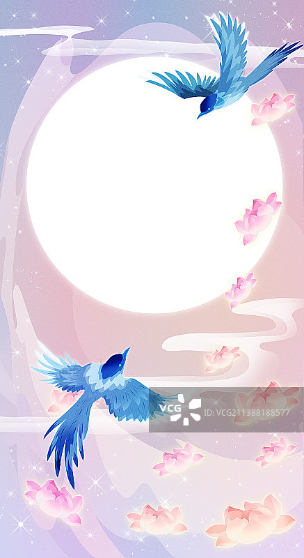 七夕喜鹊月下汇合场景插画图片素材