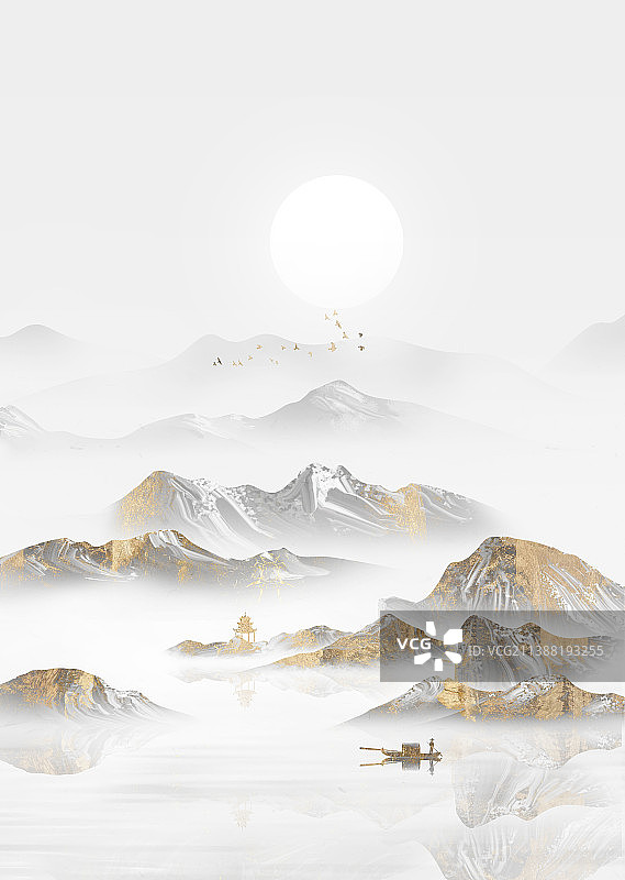 手绘新中式意境金色抽象山水风景画图片素材