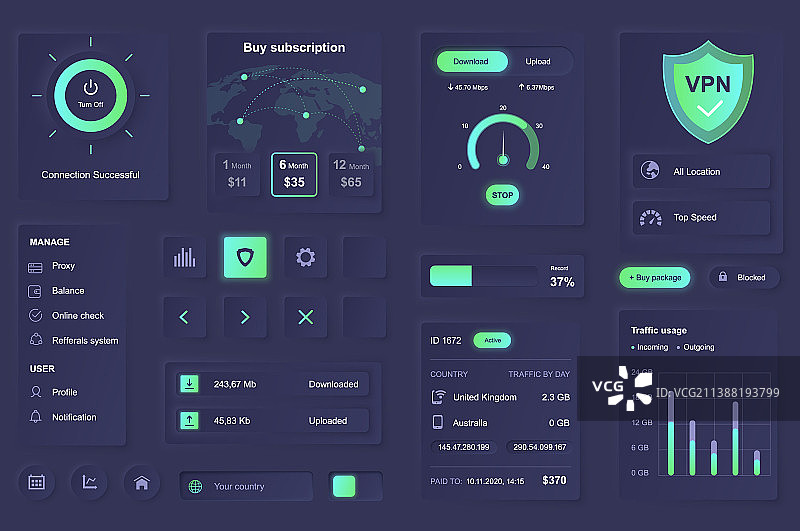 VPN服务移动应用的用户界面元素图片素材
