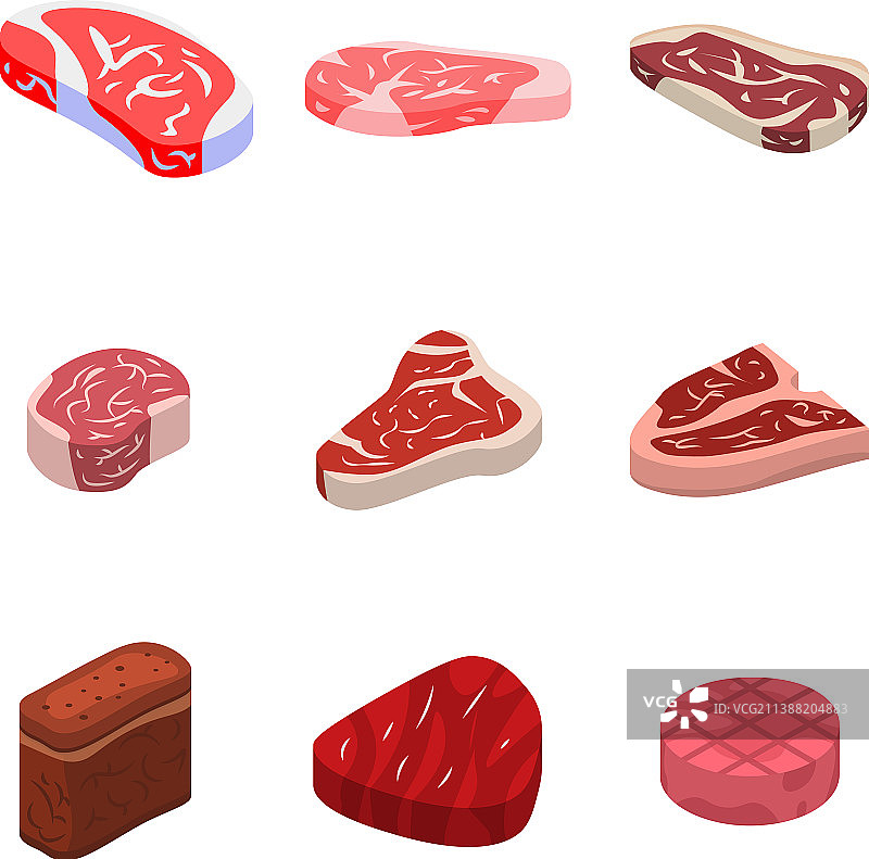 等距风格的牛排图标集，2.5D风格图片素材