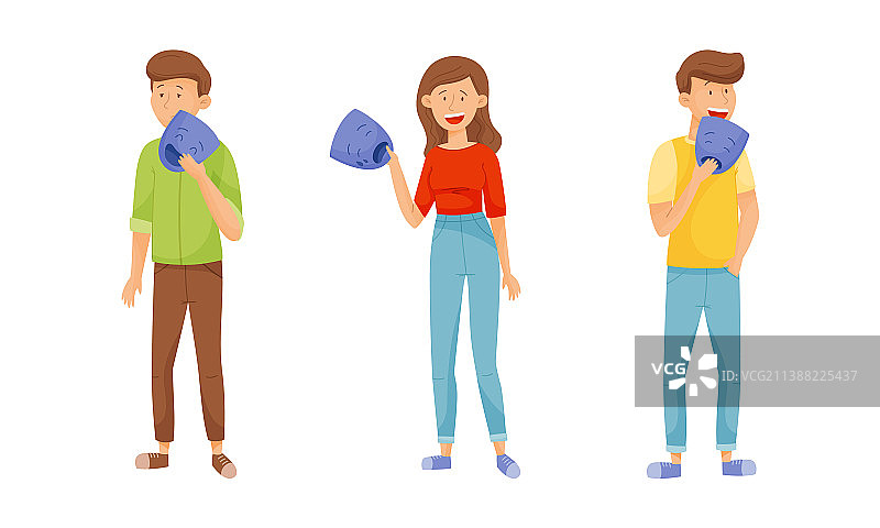 拿着情感面具遮挡的青年男女图片素材