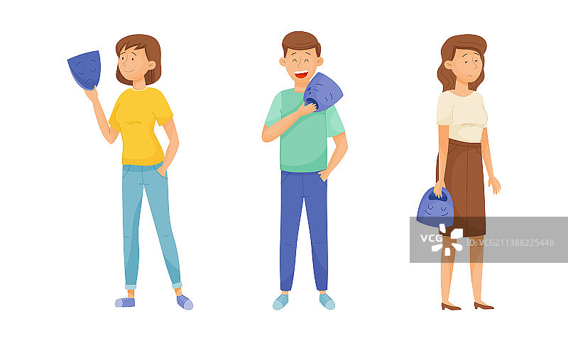 拿着情感面具遮挡的青年男女图片素材