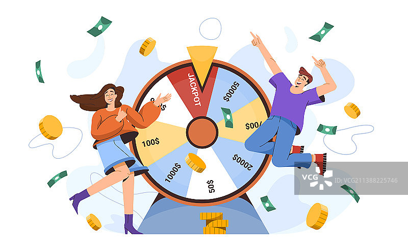 幸运的人在命运之轮附近赢得图片素材