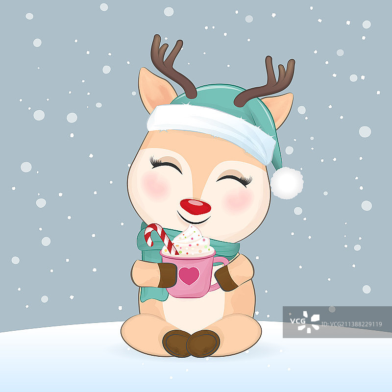 杯子里端着咖啡的可爱小鹿和糖果棒图片素材