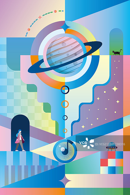 在宇宙中旅行的少女和猫抽象几何壁纸插画图片素材