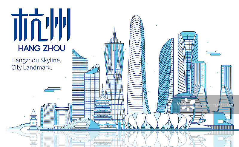 杭州城市天际线矢量地标建筑插画图片素材