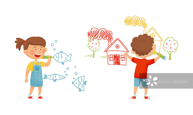 用蜡笔画鱼的可爱男孩和女孩图片素材