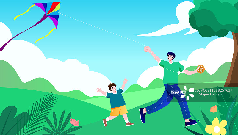 放风筝的父子插画图片素材