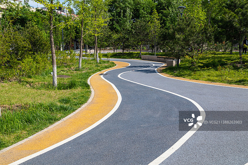 公园优美环境中弯曲向前的健身跑道图片素材