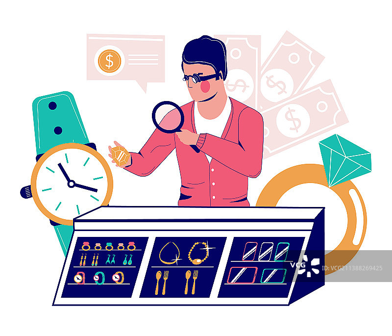 当铺内部，典当店员正在评估图片素材