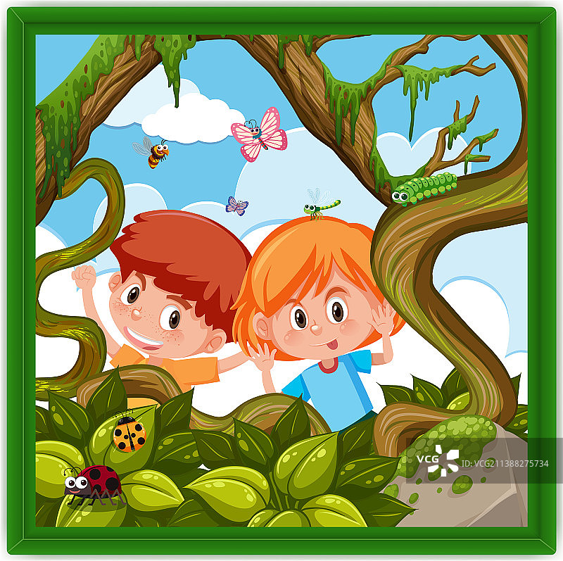 相框中森林里的两个孩子照片图片素材