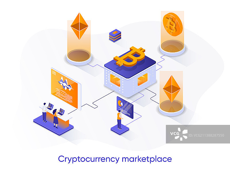 区块链市场等距视角网页横幅图片素材