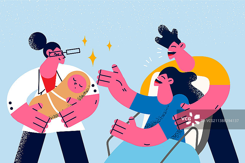 护士将新生儿带给激动的年轻父母图片素材