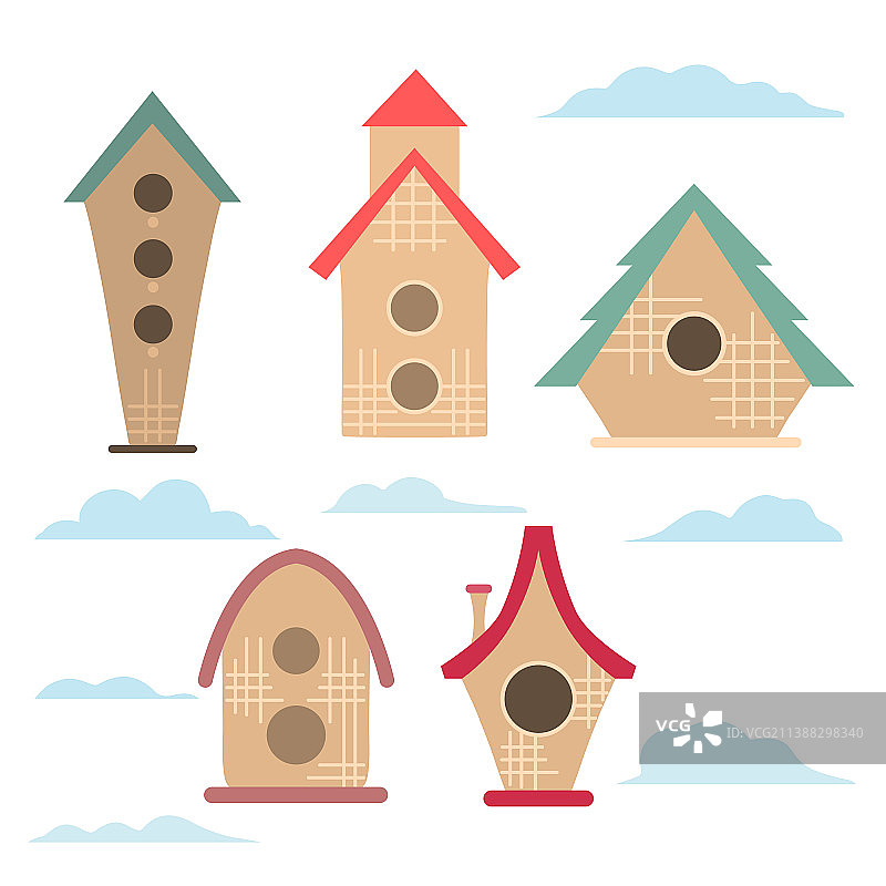 白色背景上的简约鸟舍与云朵图片素材